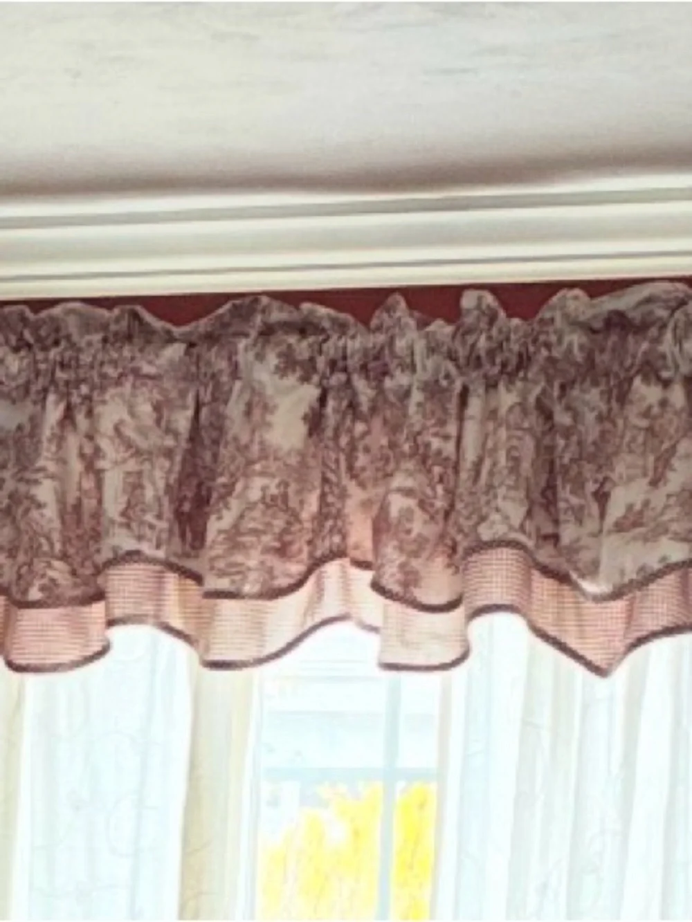 Classic Toile Valance Curtain Top Cranberry Red and Cream
